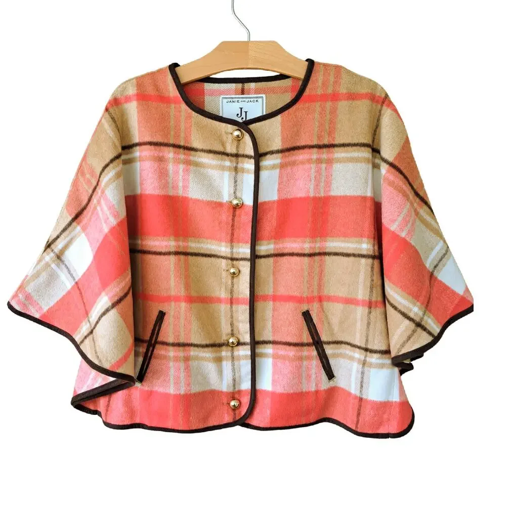 JANIE and JACK Plaid Cape Horse Trail Girls Size 7/8 Coral Camel Tan Fall Poncho